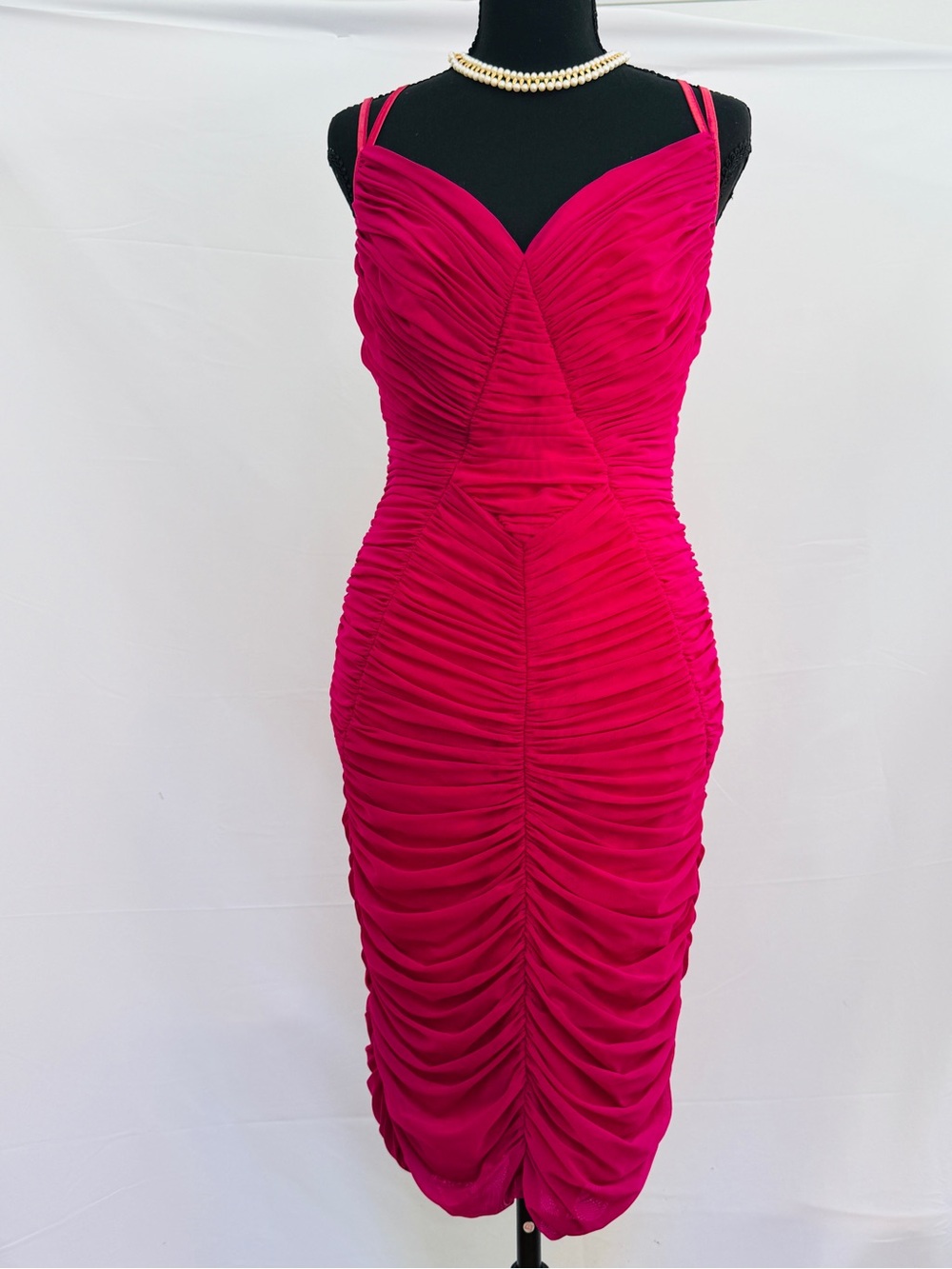 Ruched Fuchsia Midi Dress with Double Straps